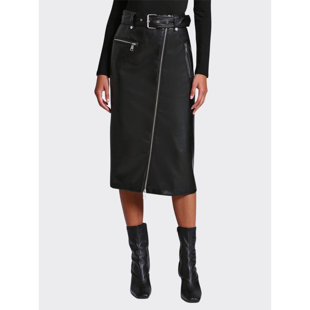 Avec Les Filles Black Faux Leather Moto Midi Skirt Belted Asymmetric Zip Size L